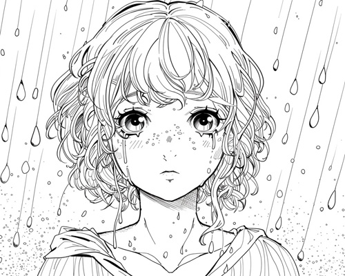 coloring page of a girl in the rain