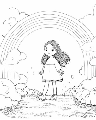 coloring page of a girl and a rainbow