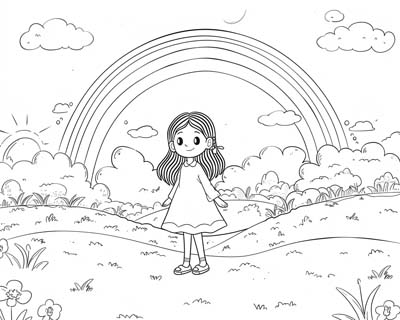 coloring page of a girl and a rainbow