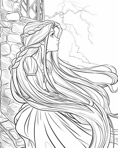 coloring page of rapunzel in a tower