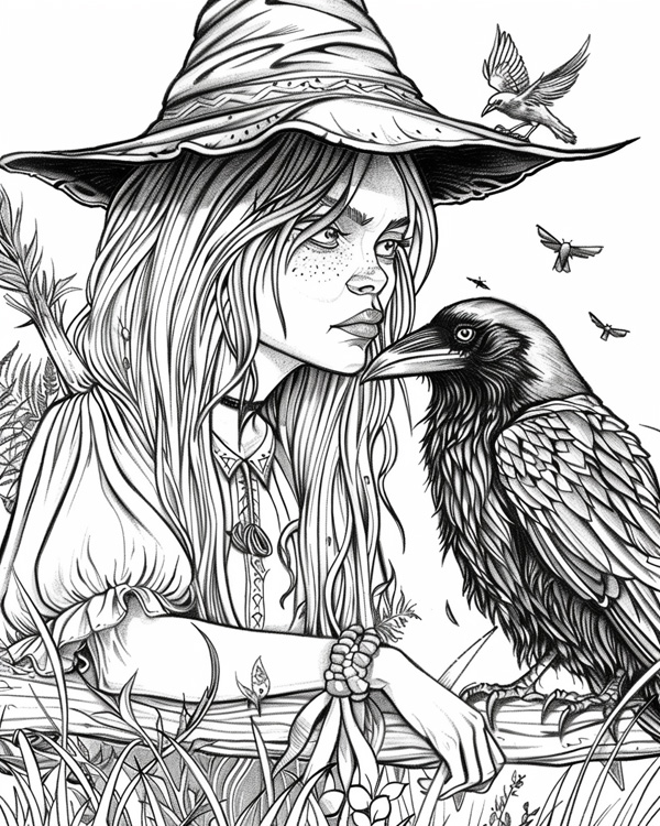 witch and her raven coloring page