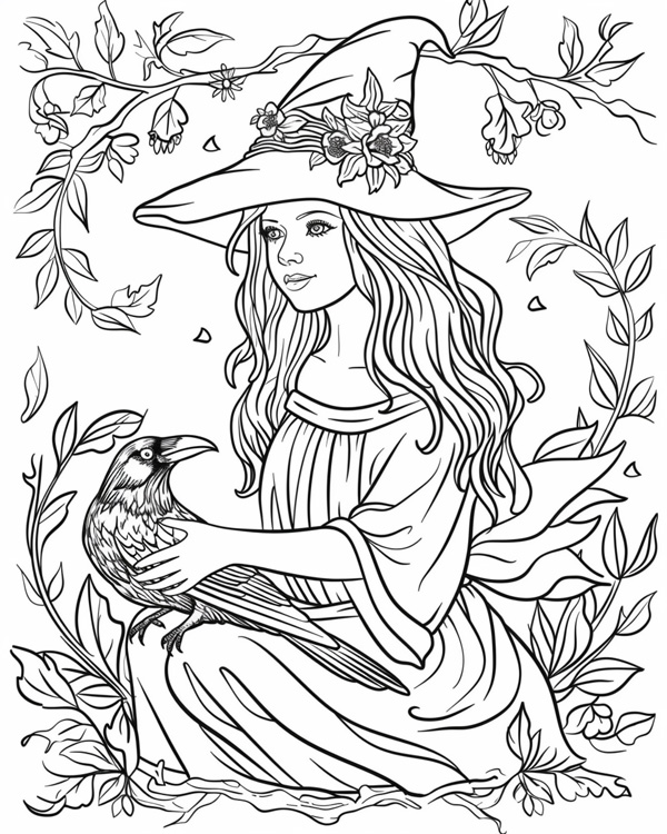 witch and her raven coloring page