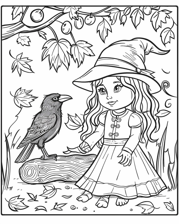 witch and her raven coloring page