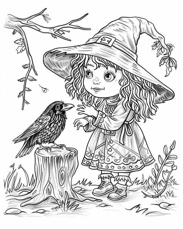 witch and her raven coloring page