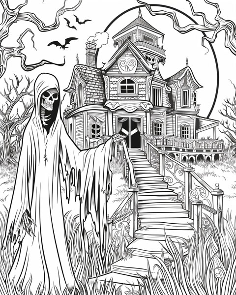 Grim Reaper and a haunted house coloring page