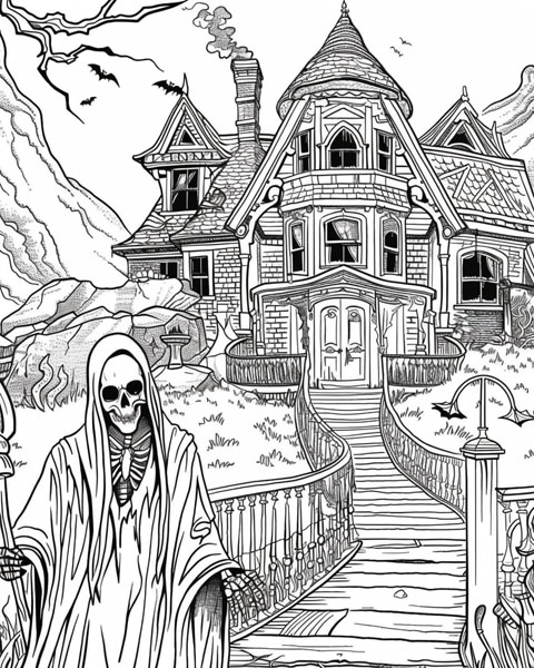 Grim Reaper and a haunted house coloring page