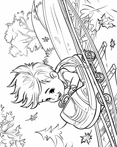 coloring page of a boy on the roller coaster