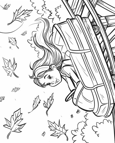 coloring page of a girl on the roller coaster