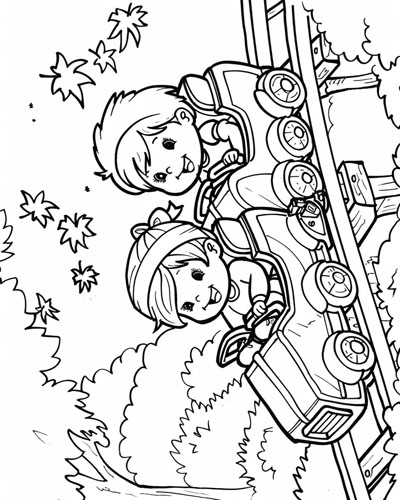 coloring page of children on the roller coaster