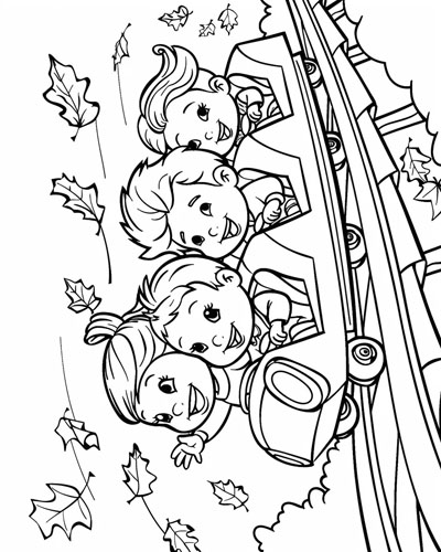 coloring page of children on the roller coaster