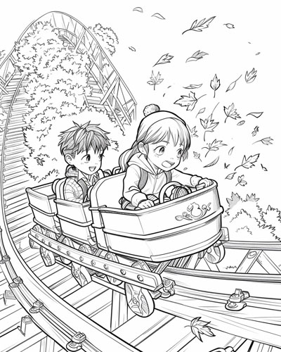 coloring page of children on the roller coaster