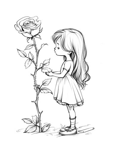 coloring page of a girl with roses