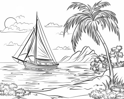 sailboat near a tropical island coloring page