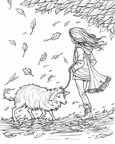 coloring page of a child and their sheep