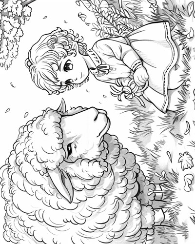 coloring page of a child and their sheep