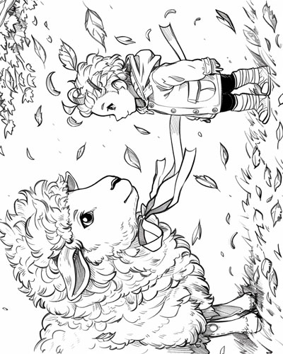 coloring page of a child and their sheep