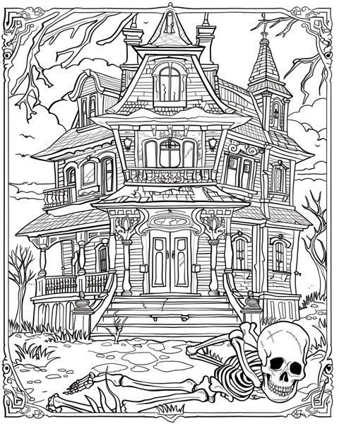 skeleton and a haunted house coloring page