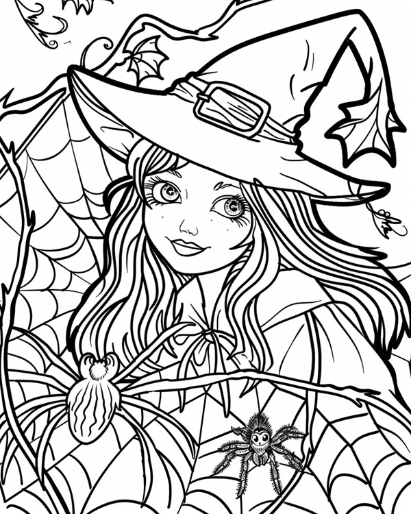 witch and her spider coloring page