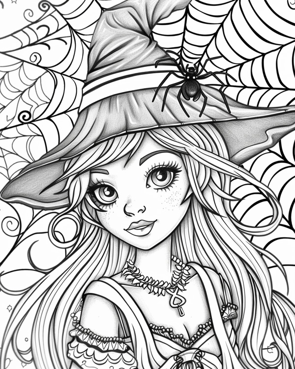 witch and her spider coloring page