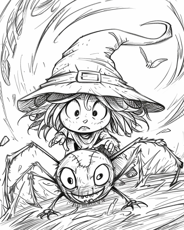 witch and her spider coloring page