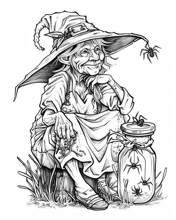 witch and her spider coloring page