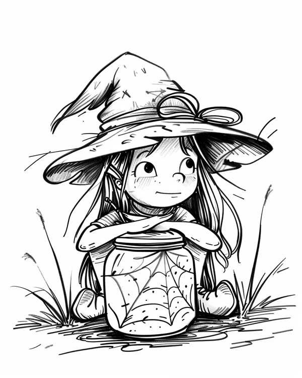 witch and her spider coloring page