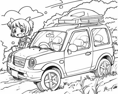 coloring page of a car trip in the station wagon