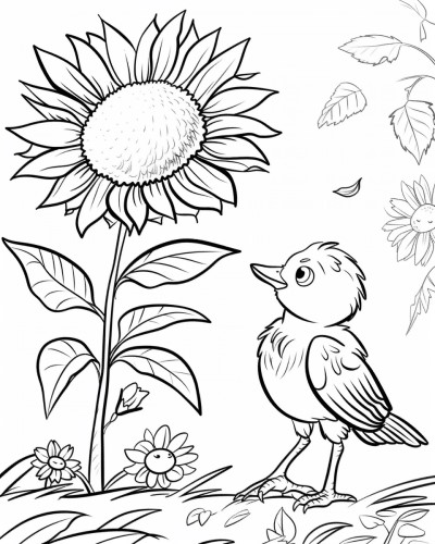 coloring page of a sunflower and a bird