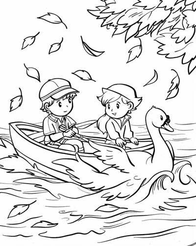 coloring page of a swan boat ride in autumn