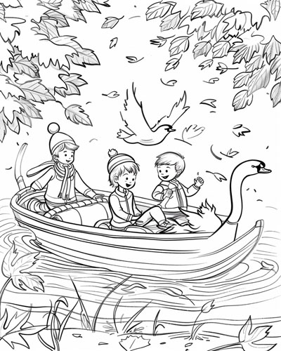 coloring page of a swan boat ride in autumn