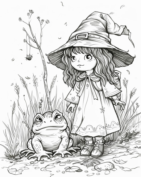 witch and her toad coloring page