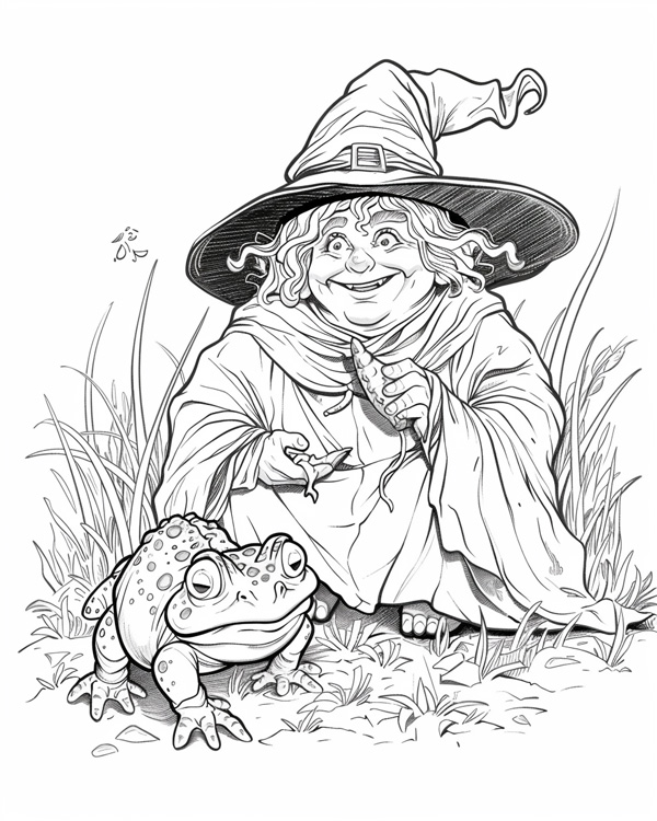 witch and her toad coloring page