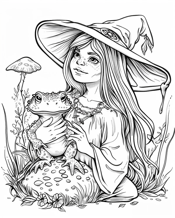 witch and her toad coloring page