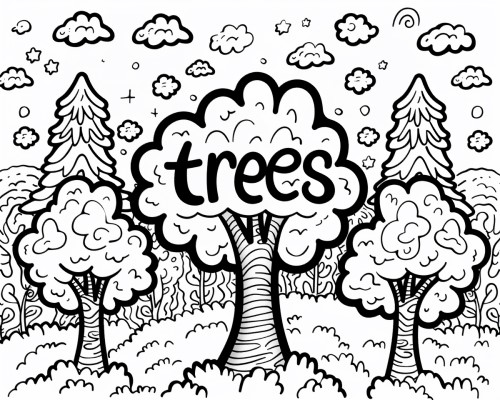 trees word art coloring page