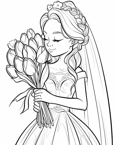 coloring page of a bride with a tulip bouquet