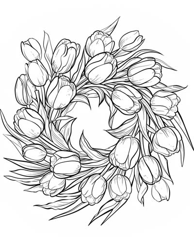 coloring page of a tulip wreath