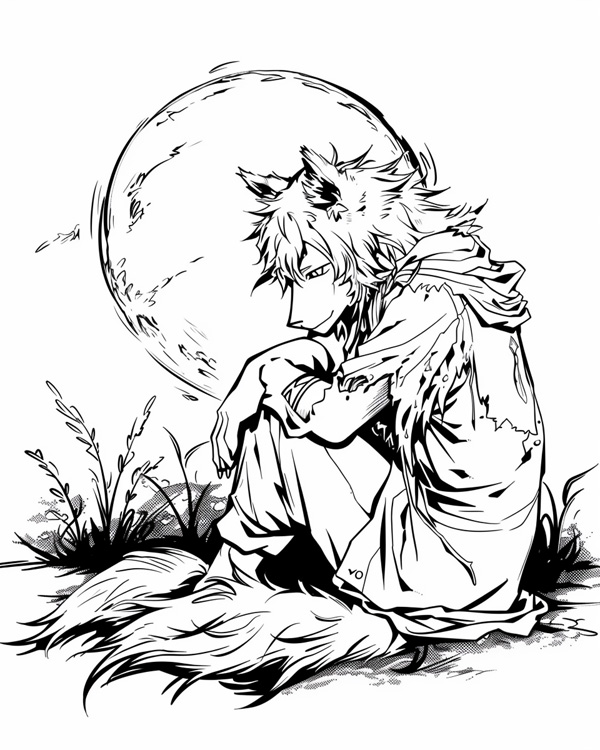 Werewolf and a full moon coloring page