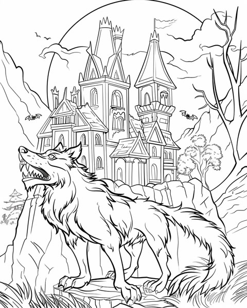 werewolf and a haunted house coloring page