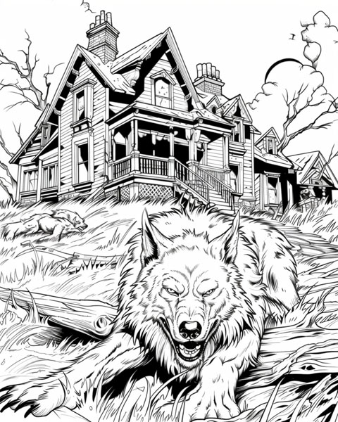 scary werewolf and a haunted house coloring page