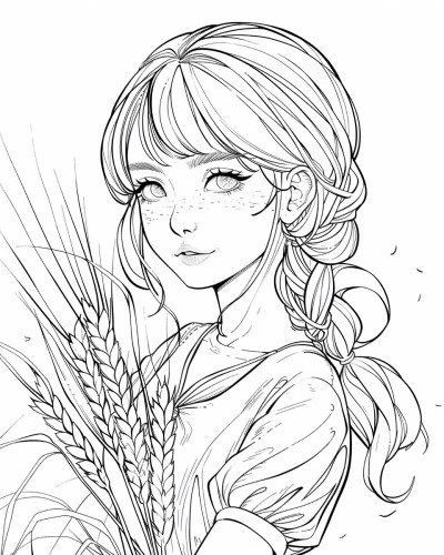 coloring page of a girl collecting wheat