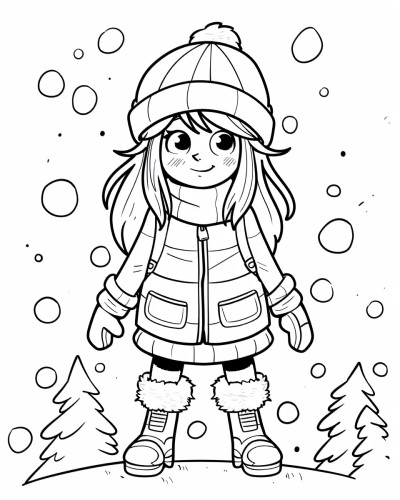 coloring page of a girl in the winter