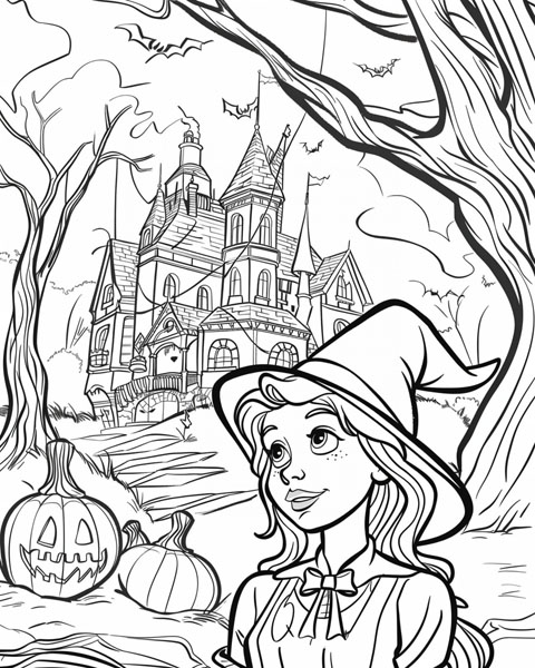 young witch and a haunted house coloring page