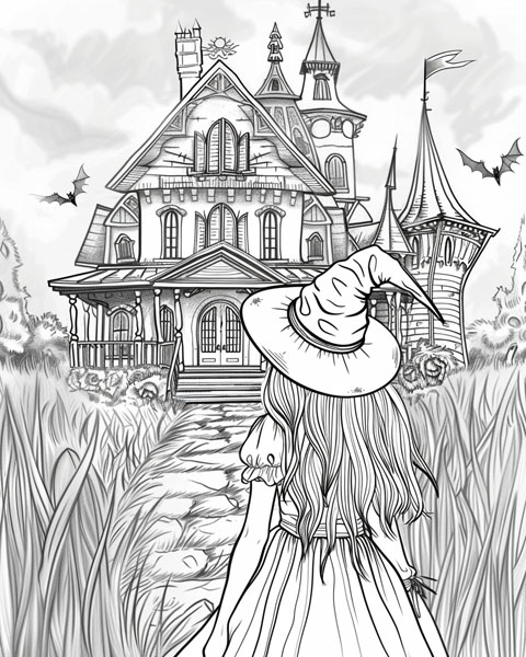 coloring page of a witch walking up to a haunted house