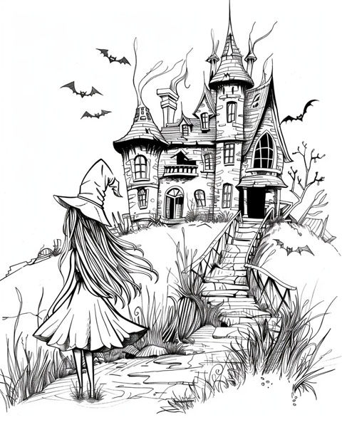 witch and a haunted house coloring page