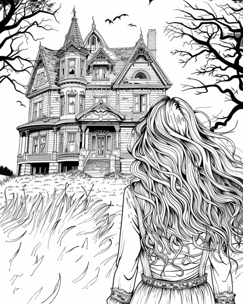 modern witch and a haunted house coloring page