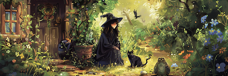 artwork of a witch in her garden